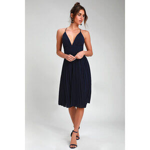 Lulus Love Me To The Moon Navy Blue Pleated Midi Dress - Size M